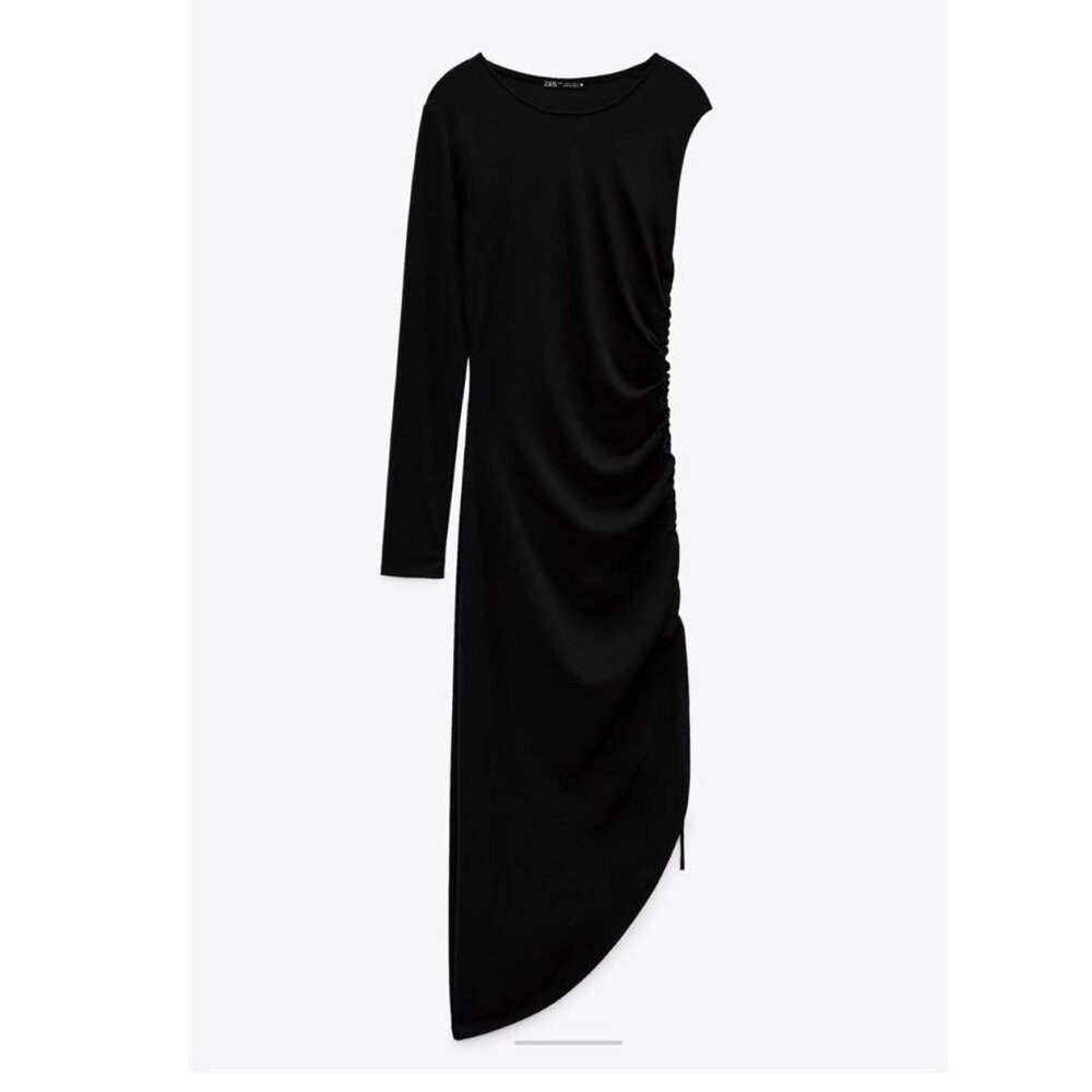 Zara NWT black ruched asymmetrical midi dress - Picture 2 of 8